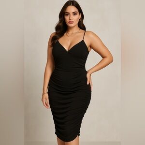 Curlbiuty Black Ruched Bodycon Dress Cocktail Date Night Wedding Guest XL (NWT)